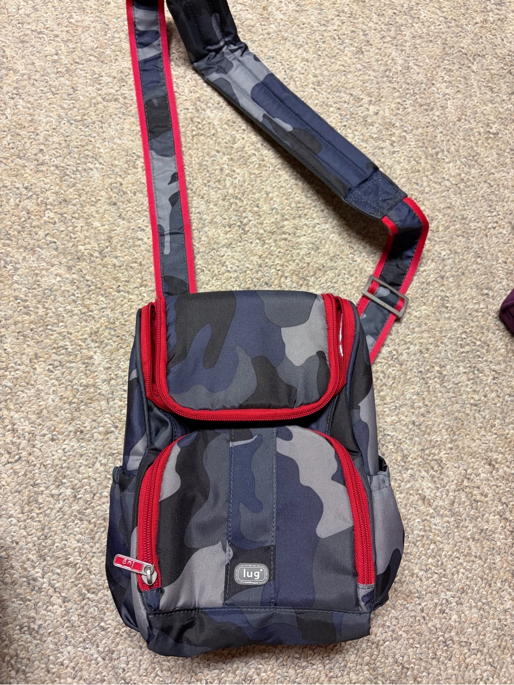 lug Men's Blue Gray Camo Sling Bag with Red Trim